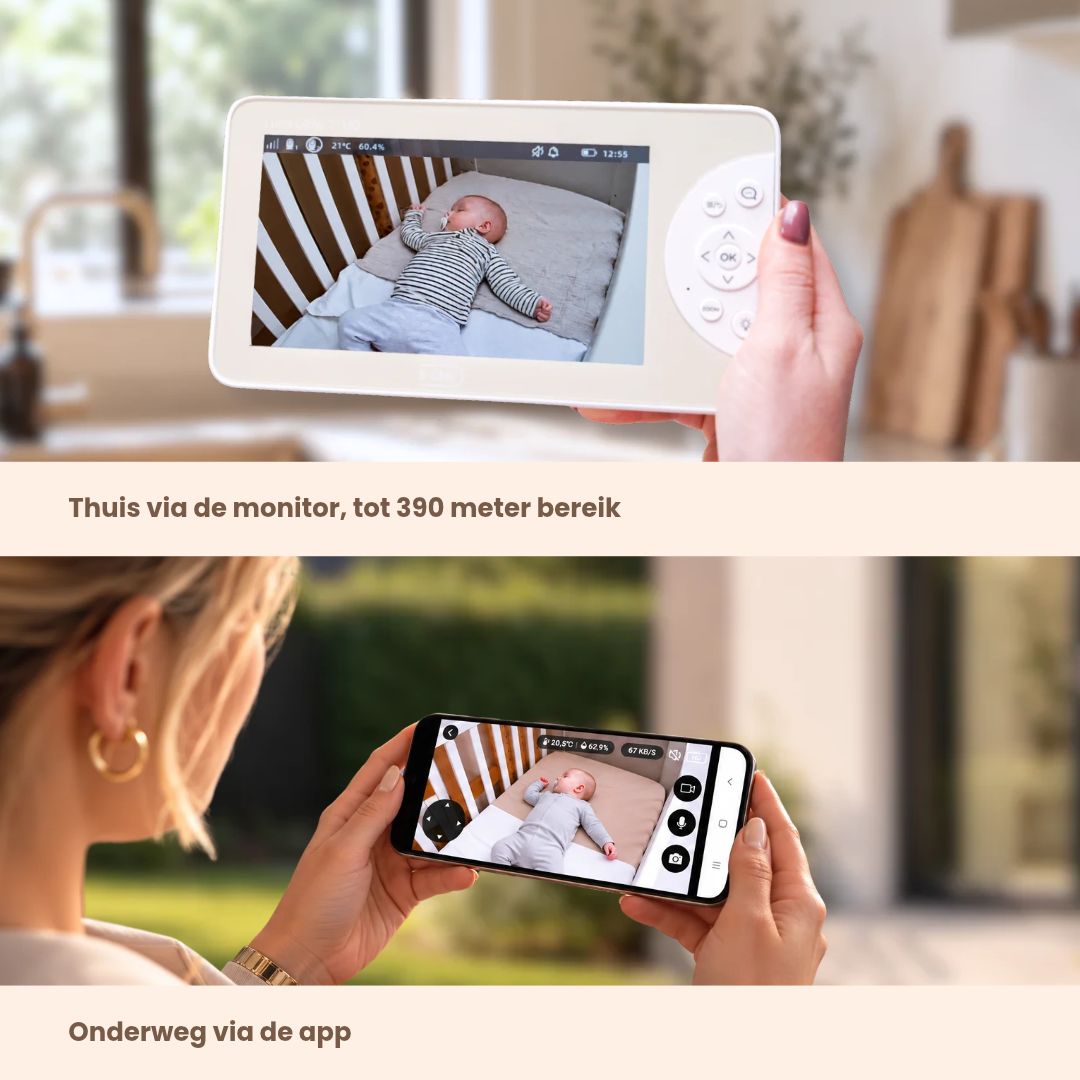 Luna Glow babyfoon met camera en app: ouder kijkt thuis mee op de 7 inch monitor en onderweg via de smartphone-app