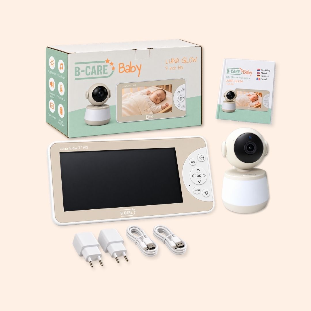 Inhoud Luna Glow babyfoon: 7 inch monitor, camera, twee adapters, twee USB-kabels en handleiding