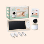 Inhoud Luna Glow babyfoon: 7 inch monitor, camera, twee adapters, twee USB-kabels en handleiding