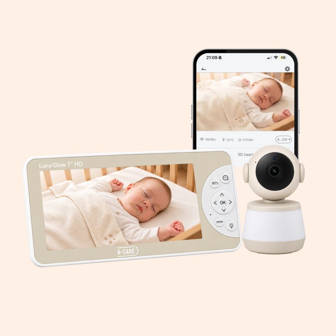 Luna Glow 7 inch babyfoon met camera en app: monitor, smartphone en draai-kantelcamera in beige design