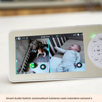 Luna Glow monitor met splitscreen van twee camera’s en twee slapende kindjes in beeld